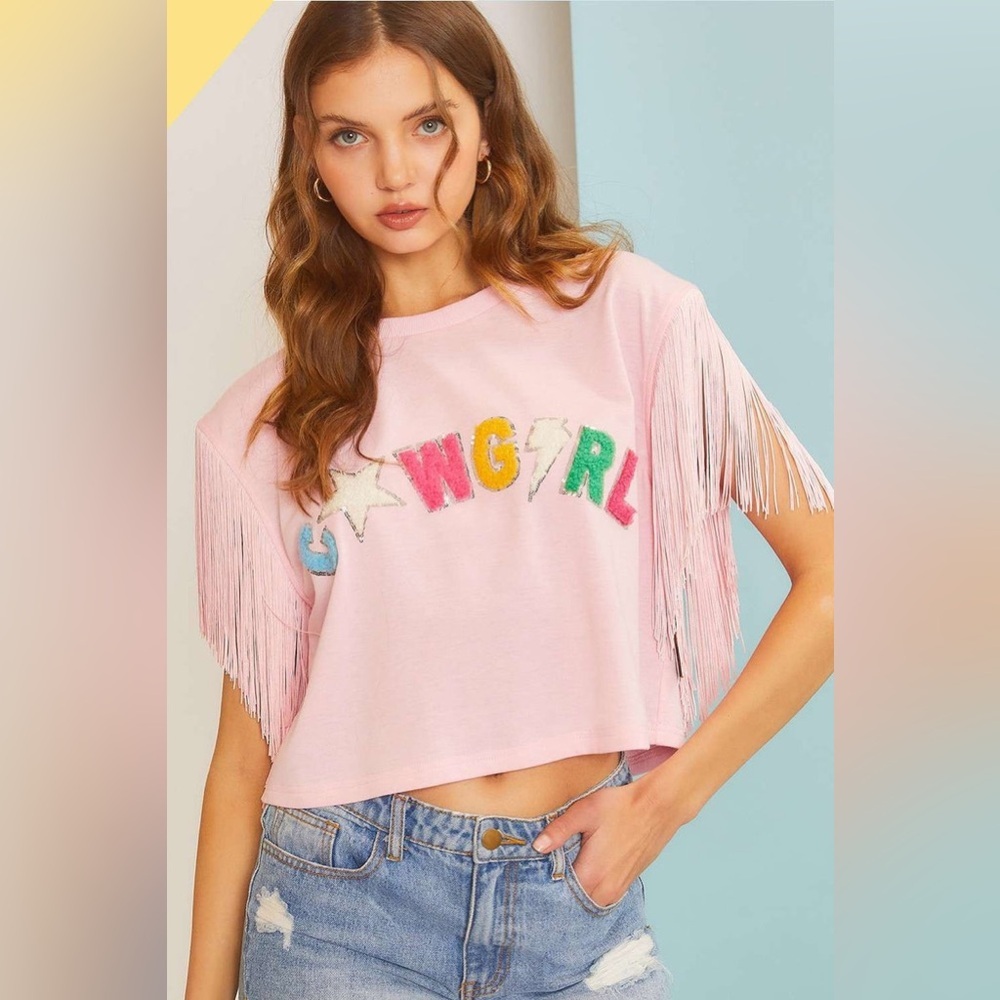 Main Strip Pink Cowgirl Fringe Cropped Top - Picture 13 of 13